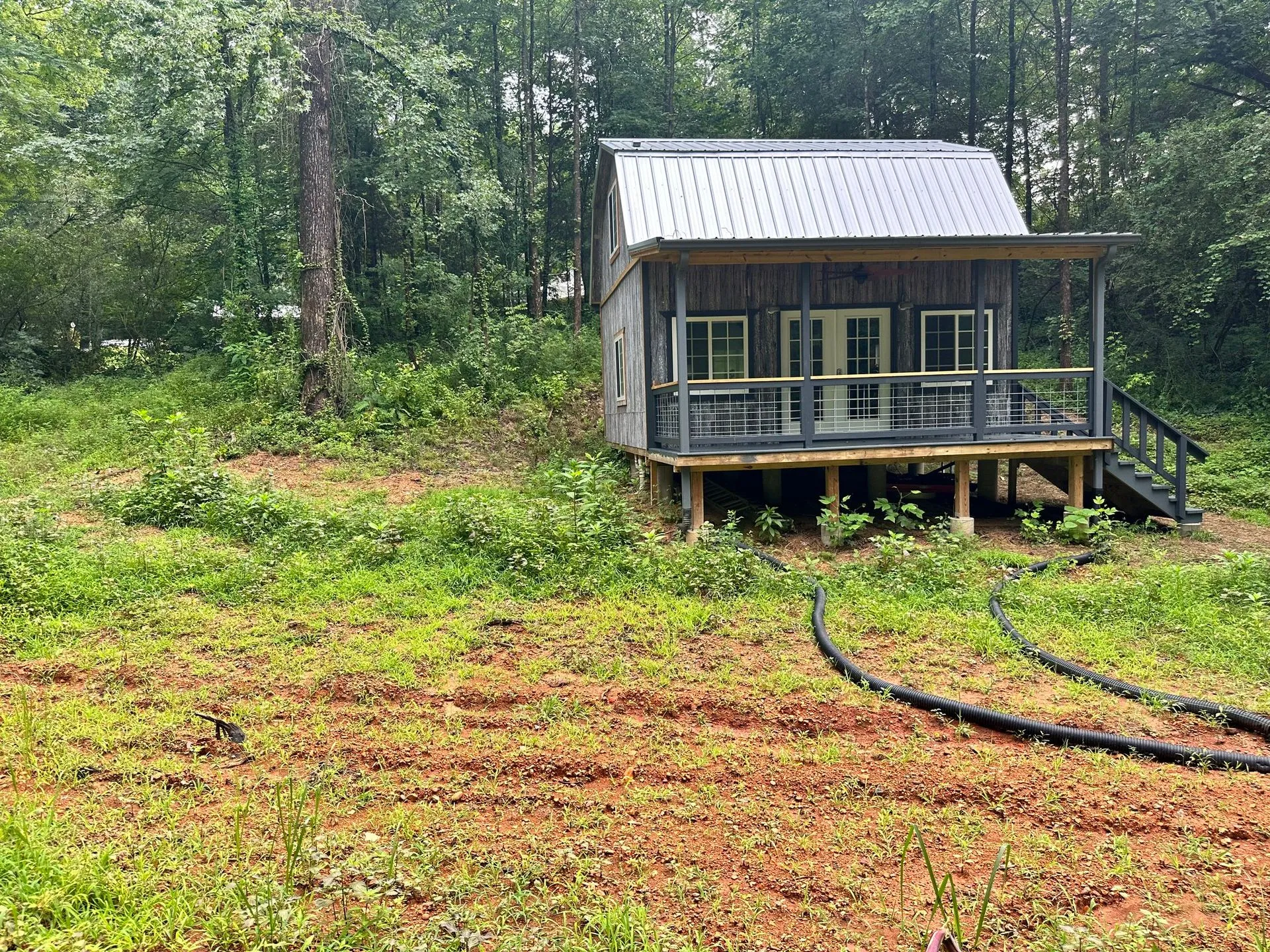 Small cabin with porch in a grassy clearing, surrounded by trees. Black hoses lie in the foreground.